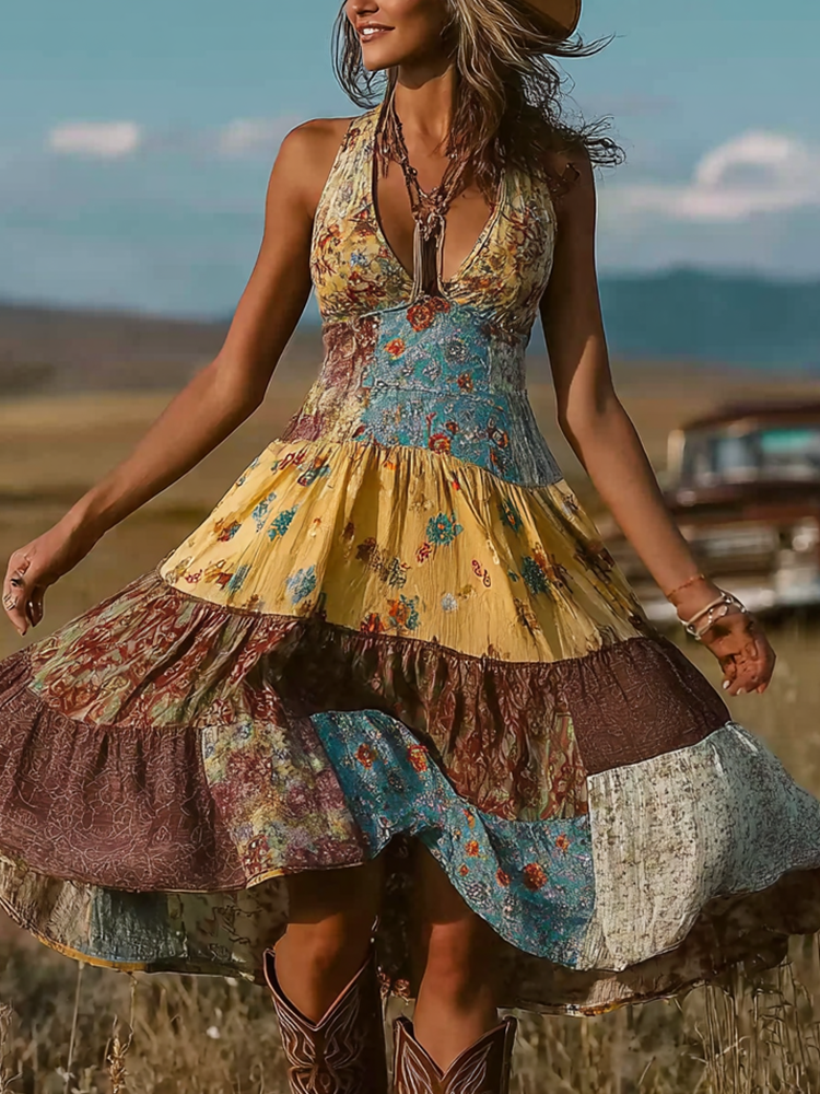 Retro Plant Flower Pattern Color Block Design Dress