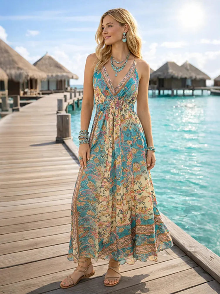 Vintage Boho Tropical Floral Print Maxi Suspender Dress