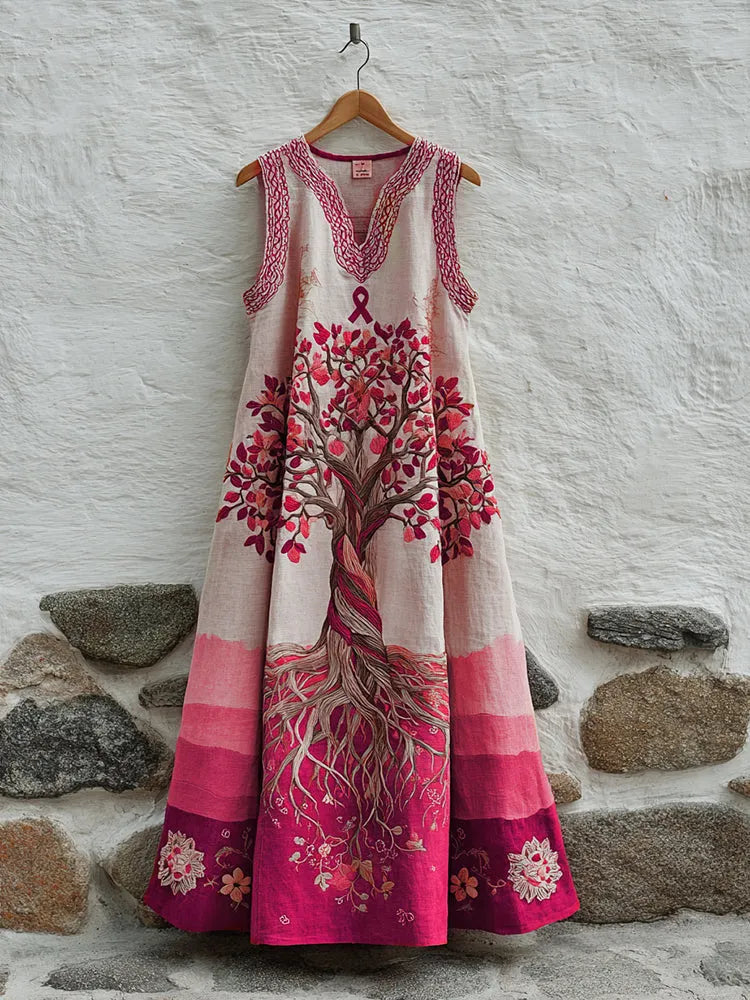 Women's Tree Of Life Pink Ribbon Embroidery V Neck Tank Midi Dress