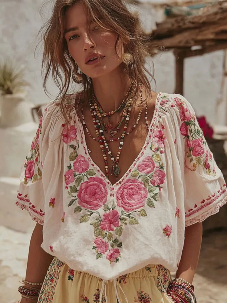 Women's Pink Rose Embroidered V-neck Linen Blend T-shirt