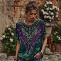 Women's Retro Wings Floral Art Embroidery Cotton Linen T-shirt