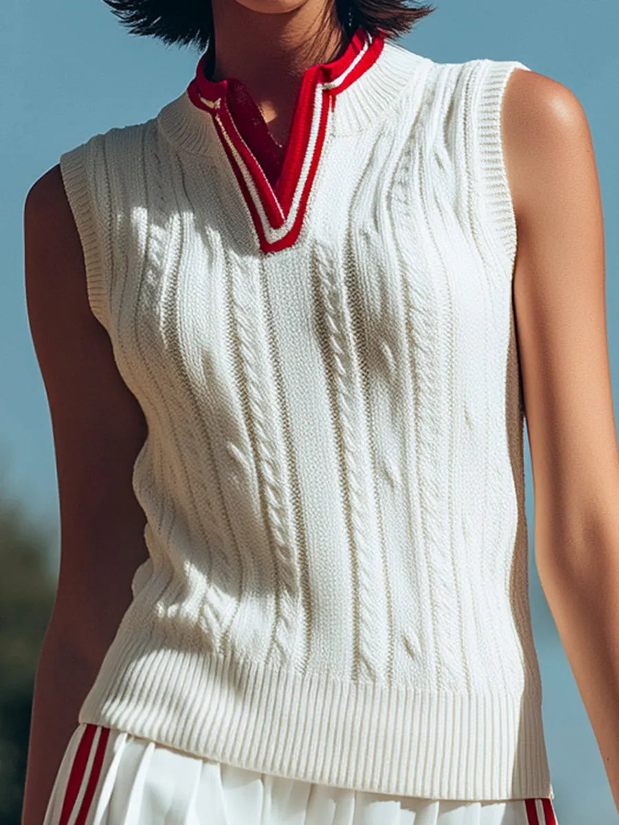 銆�24-hour shipping out銆慠etro Sports Style Stand-up Collar Pleated Sleeveless Knitted Top Pleated Skirt Suit