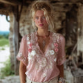 Vintage Boho Roses Embroidered Flowy Linen Shirt