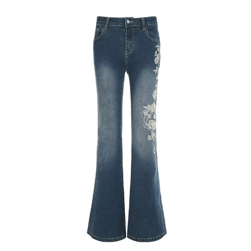 Vintage Bohemian Rose Embroidered Washed Flared Jeans