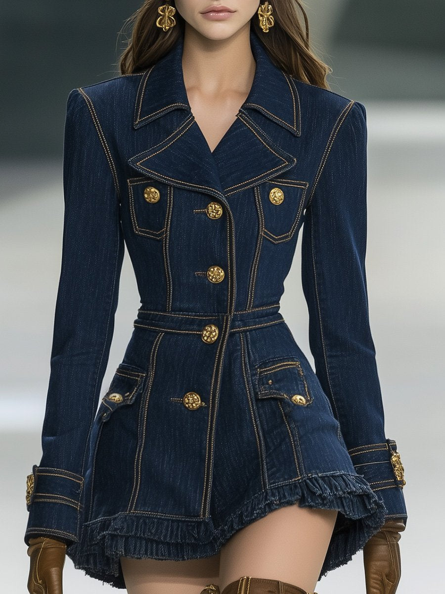 銆�24-hour shipping out銆慍lassic and Playful Large Lapel Ruffled Hem Waist Denim Mini Dress
