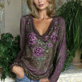 Women's Retro Exquisite Sparkling Floral Embroidery Casual Cotton Linen T-shirt