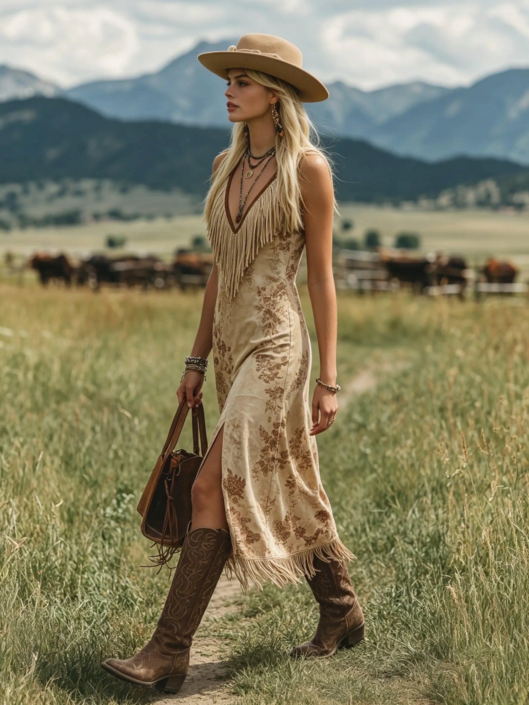 Bohemian V-Neck Fringe Sleeveless Printed Faux Suede Midi Dress