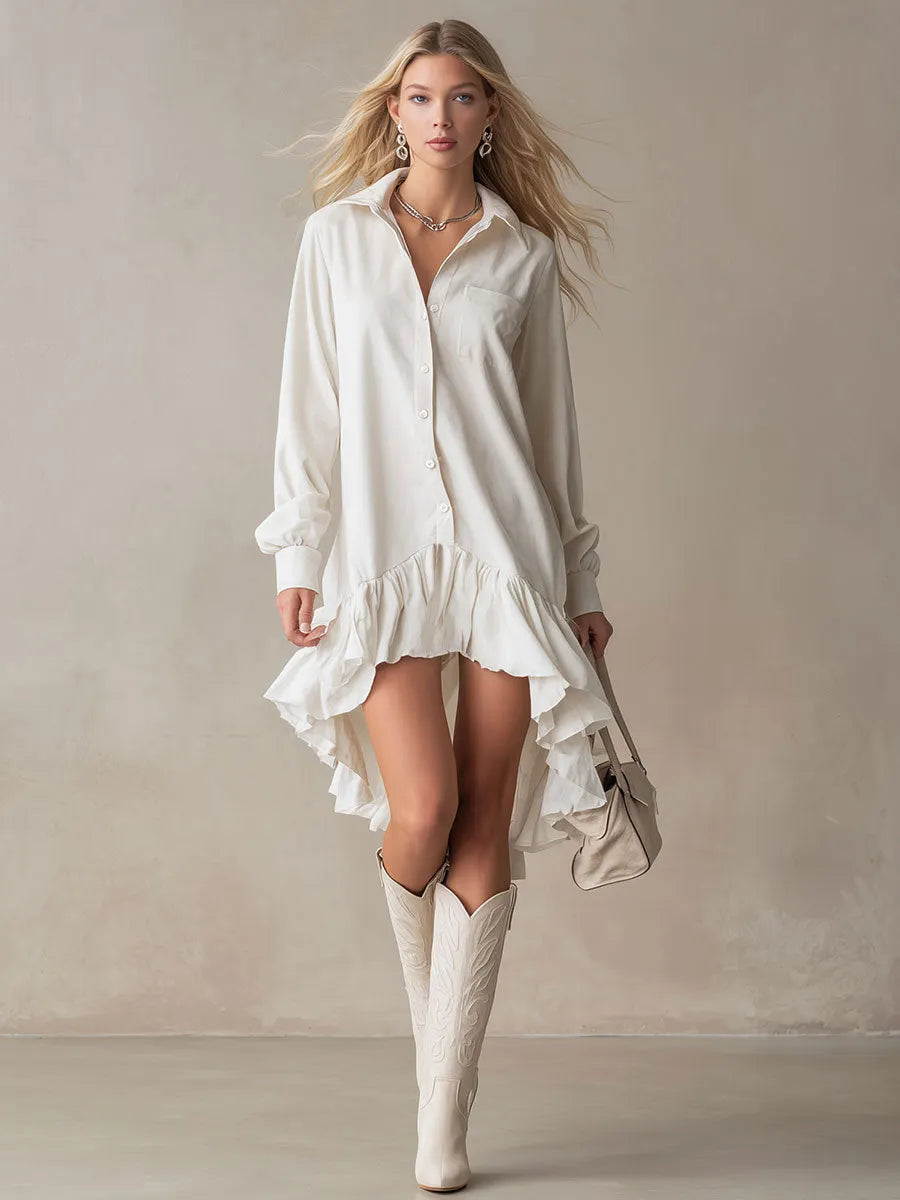 Stylish And Elegant Off-white Ruffled Tencel Denim Midi Dress