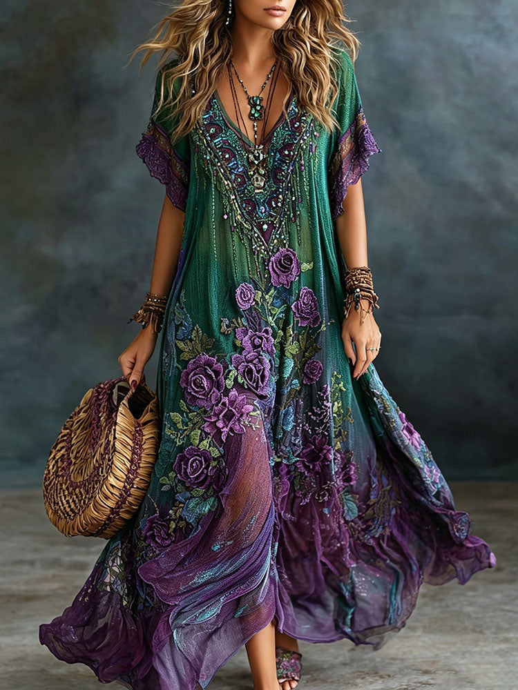 Women's Vintage Romantic Floral Art Linen Blend V Neck Maxi Dress
