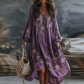 Women's Floral Art Flowy Linen Blend Casual Long Sleeve Maxi Dress