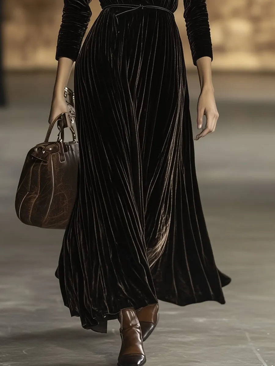 銆�24-hour shipping out銆慥-Neck Retro Solid Color Belted Velvet Long-Sleeved Maxi Dress