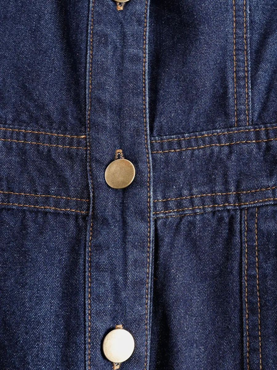 Casual Retro Multi-pocket Topstitching Dark Blue Denim Sleeveless Balloon Jumpsuit