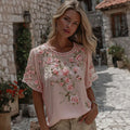 Women's Floral Vine Art Embroidery Cotton Linen Round Neck T-shirt