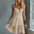 Women's Vintage Rose Art Embroidery V Neck Sleeveless Midi Dress