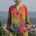 Women's Floral Pattern Tie-dye Art V-neck T-shirt