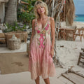 Vintage Pink Flowers Ribbon Embroidered Linen Maxi Dress