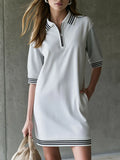 Casual Sporty Retro Striped Gray And White Color-blocked Mid-sleeve Mini Dress