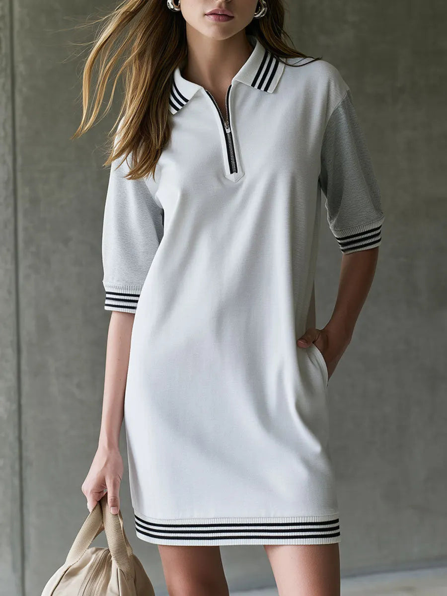 Casual Sporty Retro Striped Gray And White Color-blocked Mid-sleeve Mini Dress