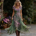 Women's Retro Purple Floral Gradient Pattern Casual Round Neck Dress