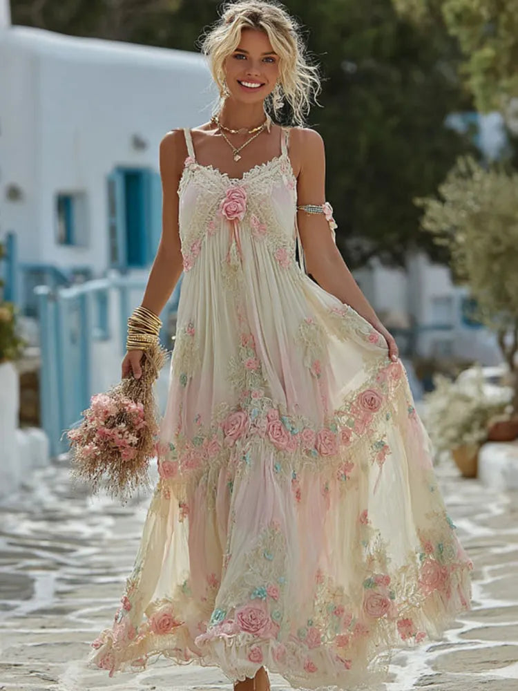 Women's Vintage Rose Art Embroidery V Neck Sleeveless Dress