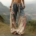 Women's Vintage Pink Flowers Patchwork Art Linen Blend Casual Pants