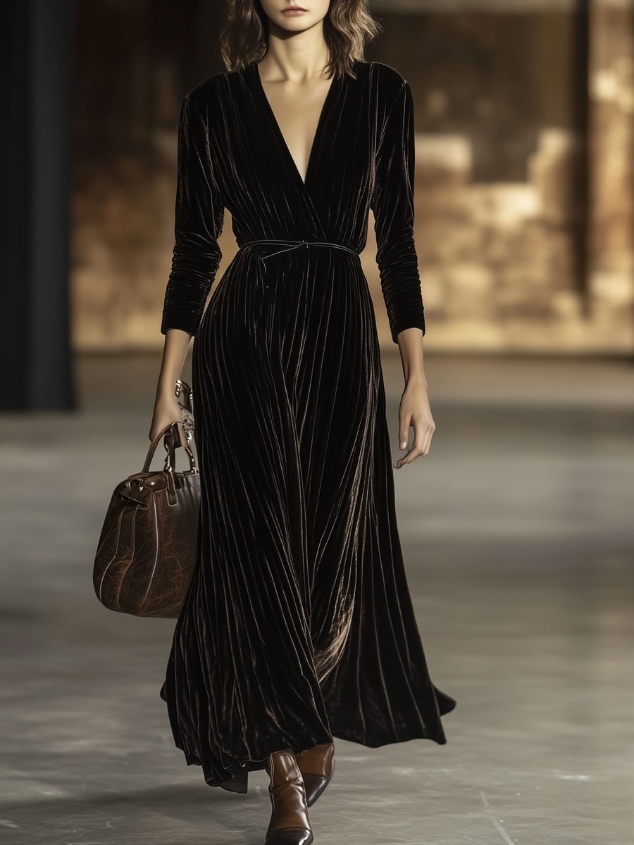 銆�24-hour shipping out銆慥-Neck Retro Solid Color Belted Velvet Long-Sleeved Maxi Dress