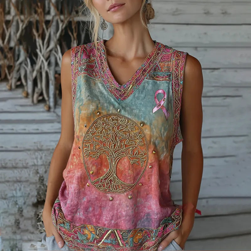 Women's Vintage Cancer Awareness Ribbon And Tree Of Life Gradient V Neck Art Linen Sleeveless Tank Top