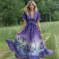 Women's Retro Gradient Floral Art Pattern Casual Cotton Linen V-neck Short Sleeve Dress