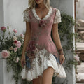 Women's Vintage Pink Rose Patchwork V-neck Short Sleeve Midi Dress