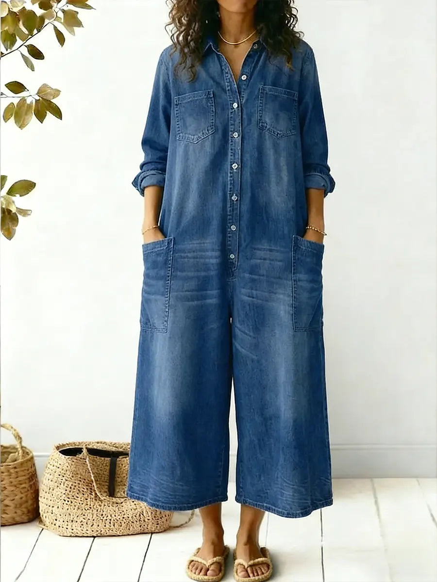 Women's Denim Jumpsuit Long Sleeve Button Front Wide Leg