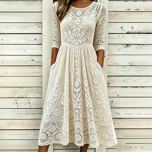 Classy Floral Lace Embroidery Art Cozy Linen Maxi Dress