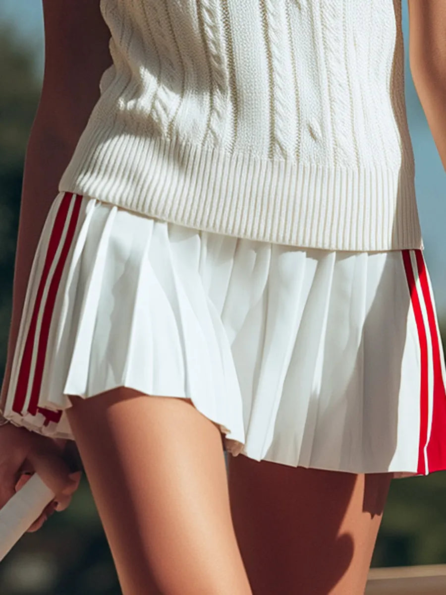 銆�24-hour shipping out銆慠etro Sports Style Stand-up Collar Pleated Sleeveless Knitted Top Pleated Skirt Suit