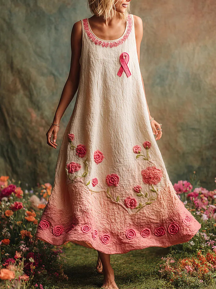 Pink Floral Embroidered Gradient Linen Tank Maxi Dress
