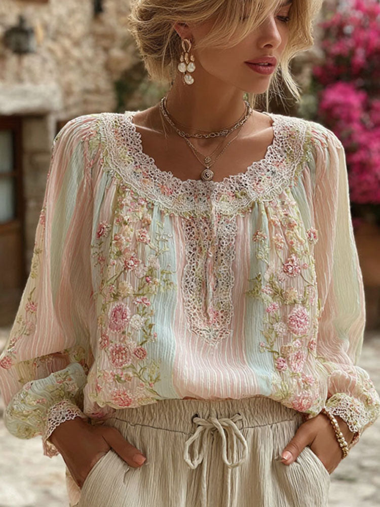 Women's Vintage Floral Embroidered Art Color Block Casual T-shirt