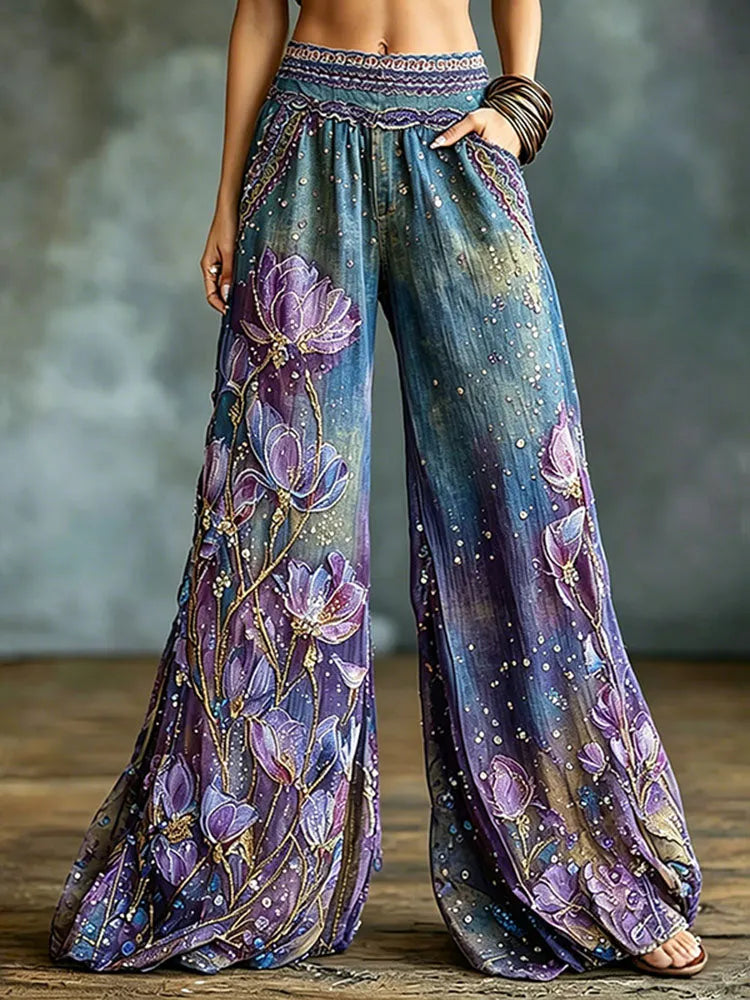 Women's Floral Art Embroidery Patchwork Cotton Linen Pants
