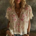 Women's Vintage Rose Floral Embroidery Cotton V  Neck T-shirt