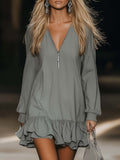Casual Loose Fashion Zipper V-neck Long Sleeve Lotus Leaf Hem Gray Mini Dress