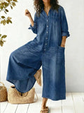 Women's Denim Jumpsuit Long Sleeve Button Front Wide Leg
