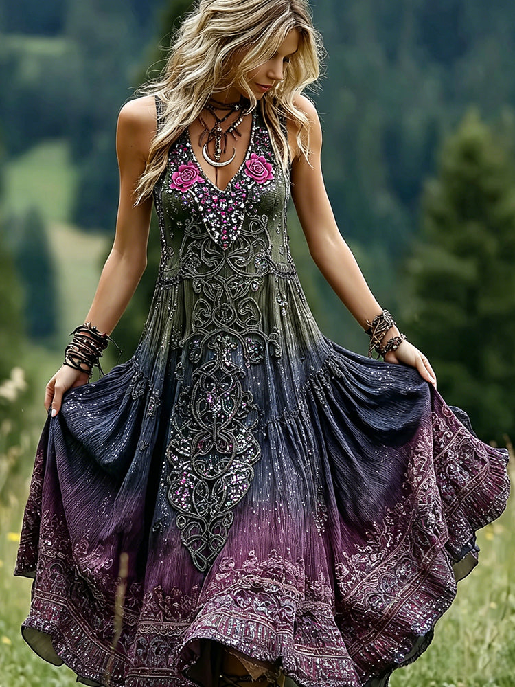 Women's Romantic Celtic Knot With Floral Art Linen Blend  V Neck Tank Dress