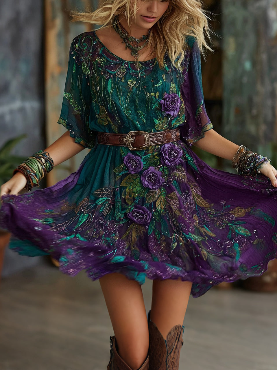 Women's Purple Floral Art Embroidered Linen Blend Round Neck Mini Dress