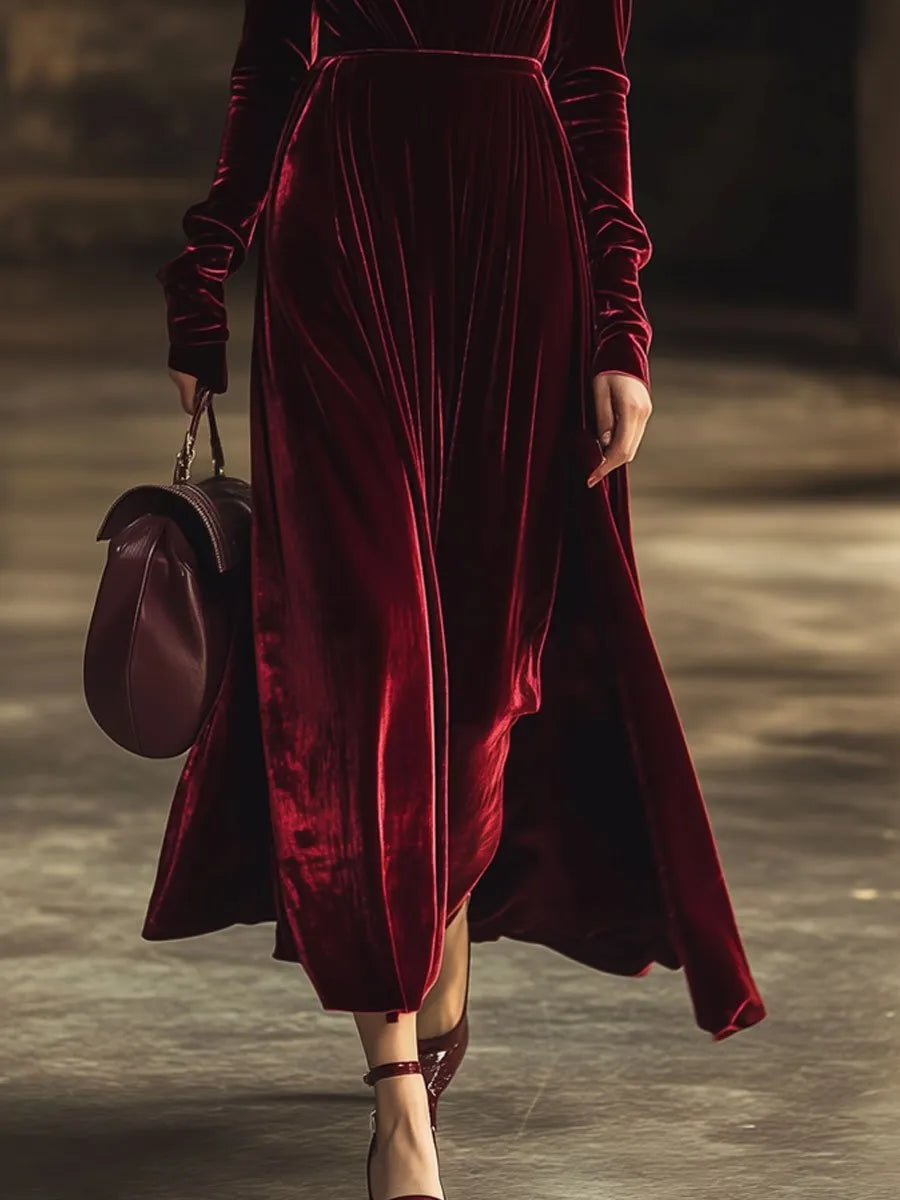 銆�24-hour shipping out銆慥-Neck Retro Solid Color Velvet Long-Sleeved Midi Dress
