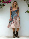 Vintage Boho Pink Roses Embroidered Linen Midi Dress