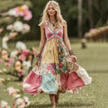 Women Vintage Pink Floral Patch Art V Neck Linen Maxi Dress