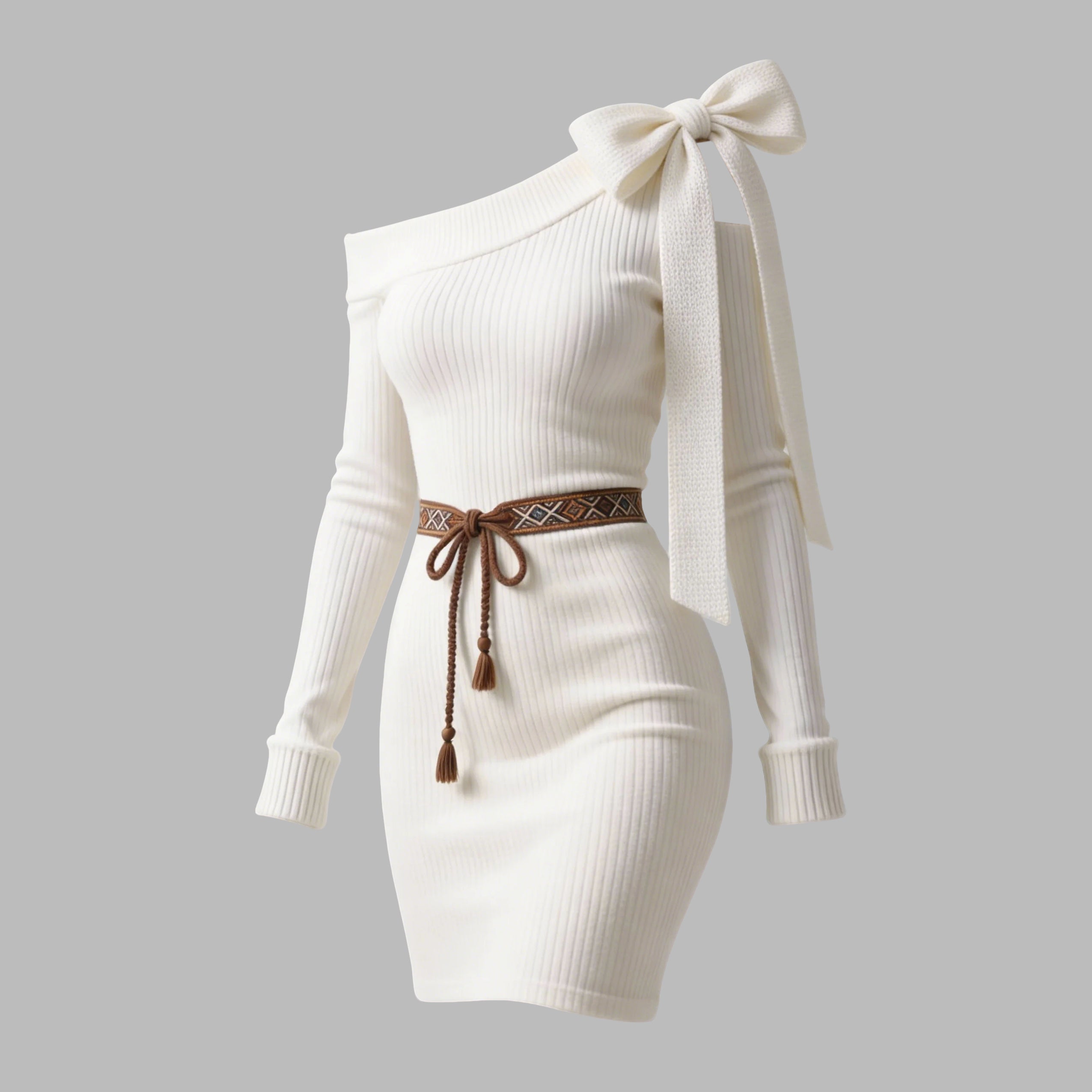 Elegant, Super Stretchy, Asymmetrical, Off-the-shoulder, One-shoulder Dress With Bow Detailing For Women.
