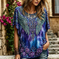 Women's Vintage Romantic Floral And Wings Art Linen Blend Short Sleeve Tops