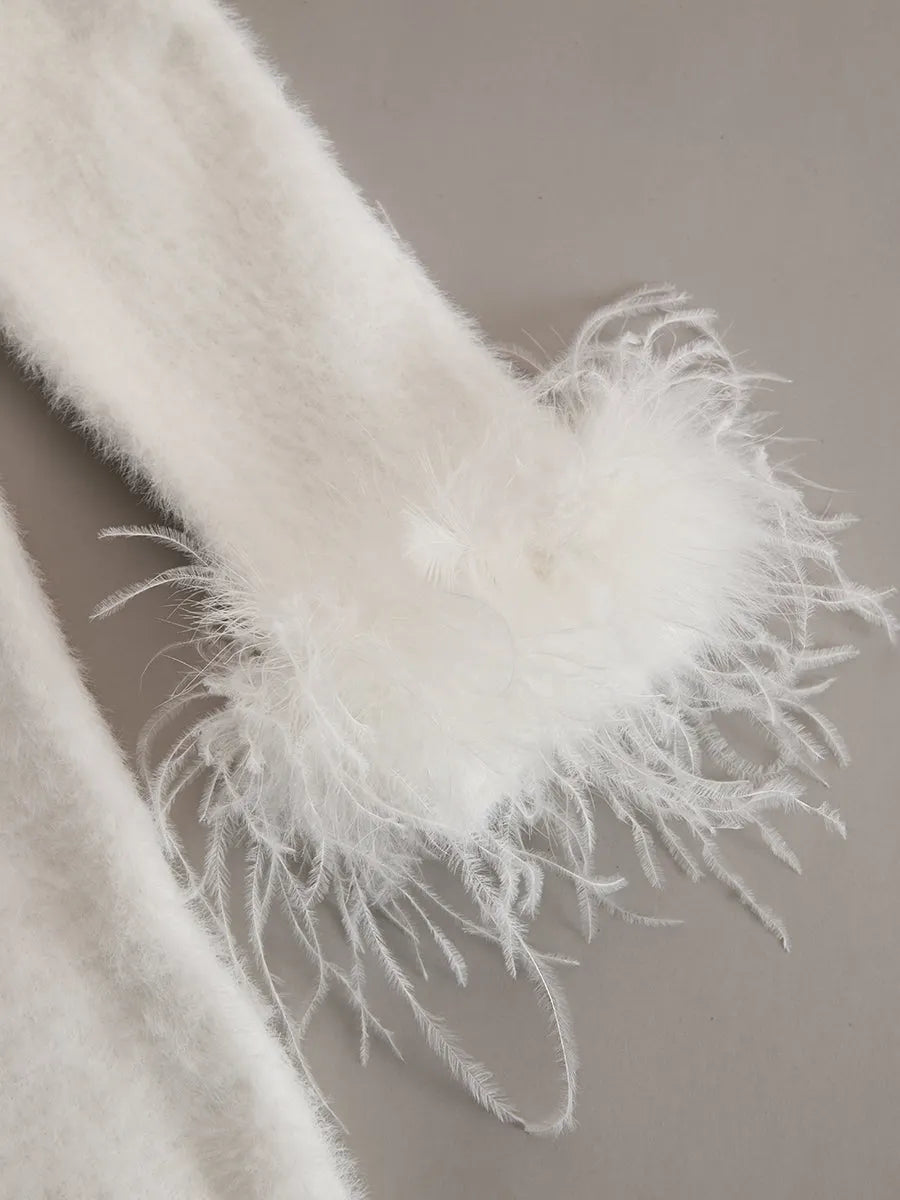 White Mohair V-neck Button Imitation Ostrich Feather Midi Dress