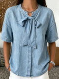 Women's Cozy Minimalist Solid-color 100% Cotton Lace-up Denim Shirt