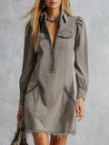 Vintage-style Casual Distressed Khaki Denim Puff-sleeve Mini Dress