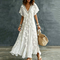 Women's Vintage Romantic White Floral Art Linen Blend V Neck Maxi Dress