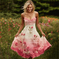 Pink Floral Embroidered Gradient Linen Suspender Dress